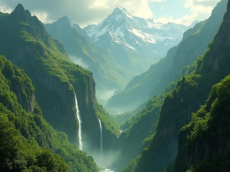 Fantasy landscape featuring realistic rich green mountains with snow at the top. Deep gorge with waterfalls cascading into a vibrant green valley. Atmospheric depths with layers of features and golden hues. A depiction of natural beauty resembling a painting.