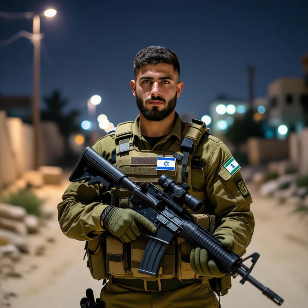 Israeli soldier is wearing official military uniform. Soldier holds a rifle. Nighttime scene in Gaza. Dimly lit background shows alleyway and streetlights.