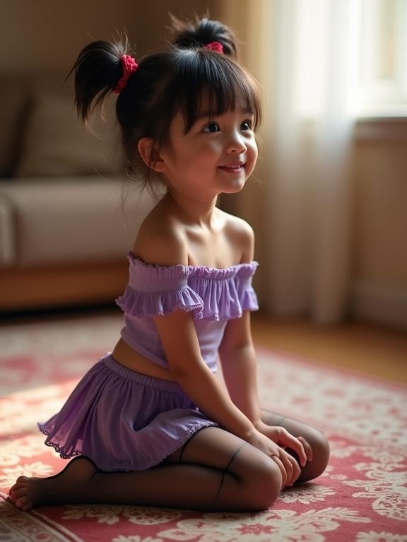 Cellphone quality photo capturing a slender girl with glossy black hair styled in loose twin buns tied with crimson ribbons. Kneeling on a patterned rug in a warmly lit living room. Wearing lavender off-shoulder top and pleated purple skirt. Paired with sheer black thigh-high stockings. Barefoot, hands resting on knees, subtle playful smile.