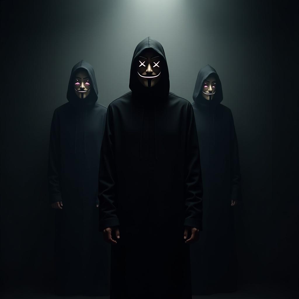 Image of three figures in black hooded cloaks standing in a dark environment. Masks show various expressions. Dramatic lighting highlights the masks against a shadowy background.