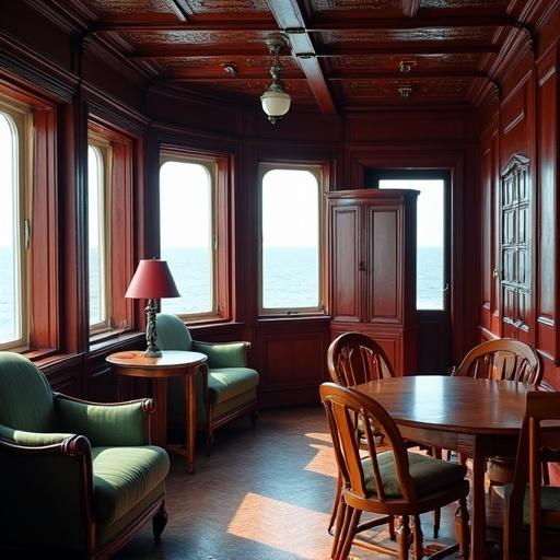 Interior of a lighthouse lantern room. Views of the ocean through large windows. Furnished with a round wooden table, chairs, and a lamp. Rustic wood paneling highlights the space.