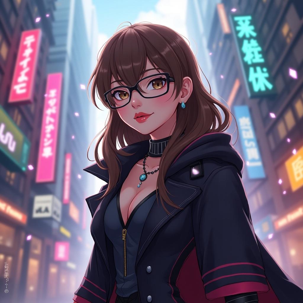 An Arcane character with brown hair wearing a stylish outfit surrounded by neon signs in a city setting.