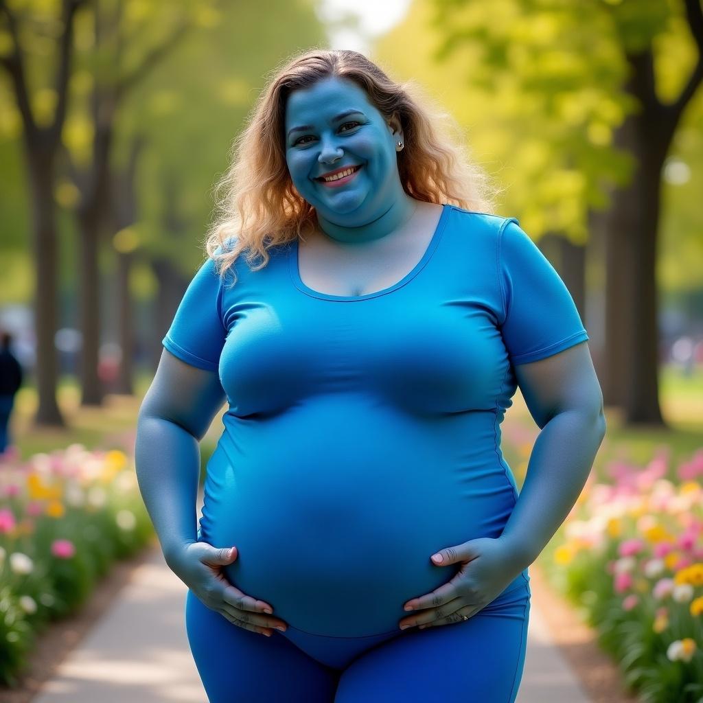 Chubby woman wearing blue clothing. She has a bulging belly under her tight shirt. The scene is vibrant with flowers and greenery in the background. The woman is smiling and relaxed.