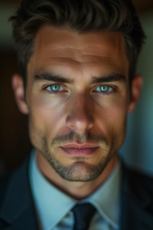 A man wearing a tailored black suit and a white shirt is dressed elegantly. He has slightly unnatural teal eyes and a neutral expression. The background is softly blurred to focus on his outfit.