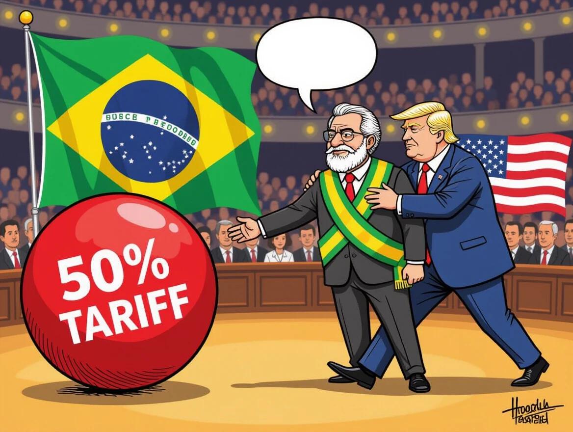 A humorous political cartoon featuring Brazilian President Lula standing firm wearing a green and yellow sash blocking a large red ball labeled '50% Tariff' pushed by ex U.S. President Trump in a blue suit with red tie. The setting includes Brazil's flag behind Lula and U.S. flag behind Trump.
