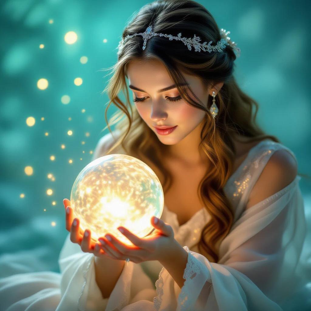 Young woman gazes at glowing crystal ball. She cradles it in hands. Soft flowing garment drapes around her. Warm illumination surrounds her. Elegant silver headpiece adorns her hair. Mystical scene with ethereal light. Background features soothing gradient of turquoise.