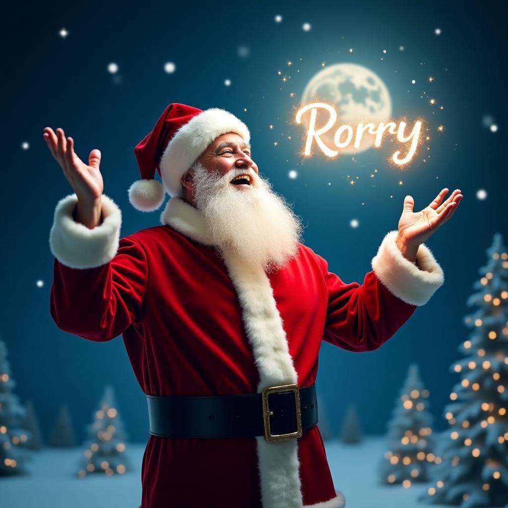 The image features a joyful Santa Claus in his classic red suit and fluffy white trim. He is surrounded by a magical night sky filled with twinkling lights resembling stars. In a display of joy, Santa is writing the name 'Rorry' in the air with sparkles. The scene is beautifully illuminated by a bright moon, enhancing the festive atmosphere. This artistic portrayal captures the spirit of Christmas and the joy of giving, radiating warmth and happiness.