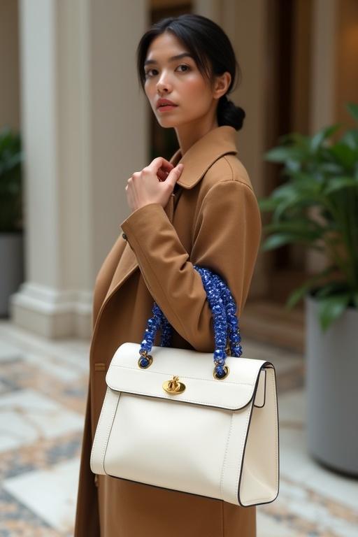 Stylish female model holds structured leather handbag with sapphire bead handle. Model wears camel trench coat and has a sleek low bun. Handbag is ivory with a minimalist gold clasp. Pose shows arm bent at 90 degrees with bag suspended. Background features blurred marble lobby with greenery. Soft lighting highlights bag details.