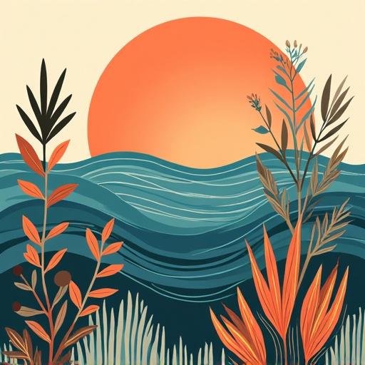 Sea art depicting plants with a large burnt orange sun. Abstract representation of waves and foliage. Features colorful flora in a bohemian style. Mid-century modern artistic elements. Suitable for a botanical-themed poster.