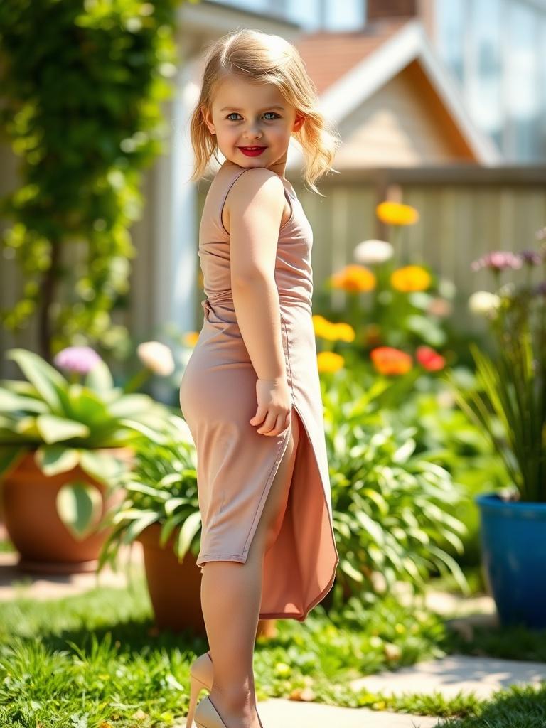 Young girl in an elegant dress standing in a sunny garden with flowers, smiling confidently.