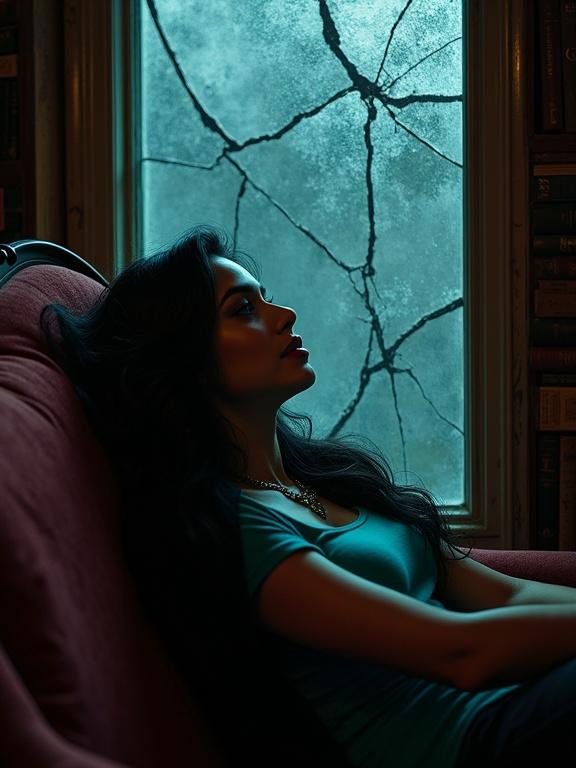 Dynamic close-up nighttime silhouette photo tilting head to the right leaning against weathered glass window lounging on Victorian wine-colored couch in front of fractured spiral glass window with model wearing turquoise t-shirt and shawl long black hair draped over one eye smiling shyly surrounded by dusty books