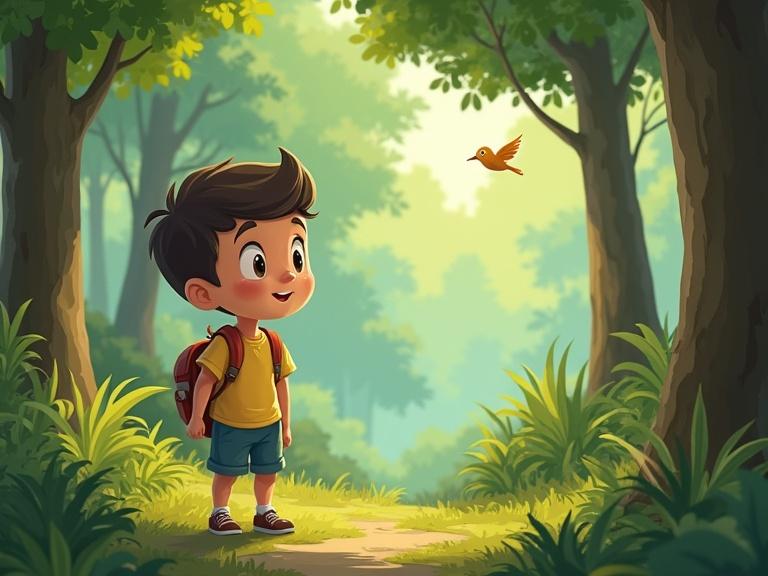 A cartoon scene showing a young boy around seven years old with innocent features and wide eyes. He has a simple shirt and shorts, carrying a small backpack. The boy enters a forest, talks to trees, and smiles at birds.