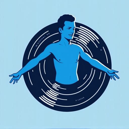Design modern logo featuring musician in blue. Include vinyl record and soundwaves. Show emotional connection and creative journey. Use clean lines and minimal colors on a simple background.