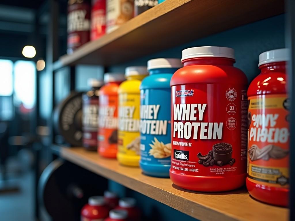 Image of a gym shelf filled with various whey protein containers in colorful packaging.