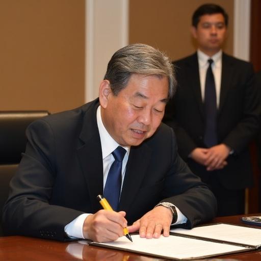 Prime Minister Ishiba is captured in the act of signing a new security treaty. Papers are spread out on the table. A pen is held in his right hand. He is dressed in a formal suit. The scene conveys a sense of seriousness and importance. Other individuals are present in the background.