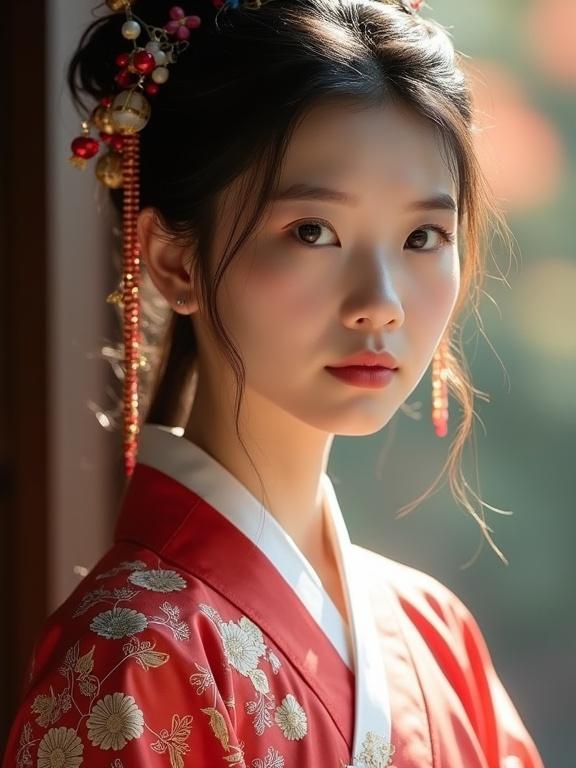 Portrait of a 20-year-old girl with delicate features wearing hanfu. Soft lighting creates an elegant atmosphere. The girl poses with a gentle expression, showcasing her beauty and cultural attire.
