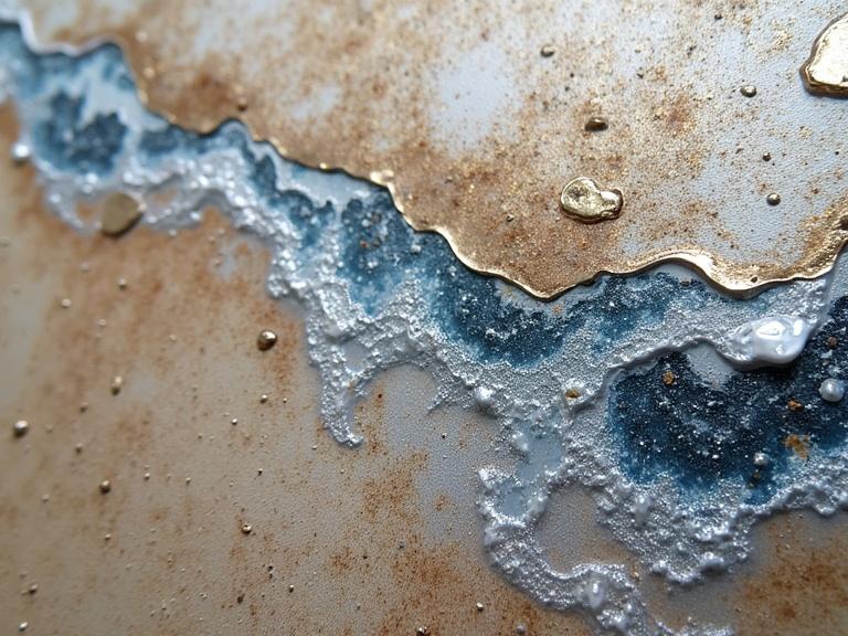 Exquisite Spirit Art with oil splashes. Thick textured impasto with newspaper, jute fibres, wood, sand, and glittering confetti. Collage elements showcasing scratches, drops, and tears. Close-up view highlighting bioluminescent textures.