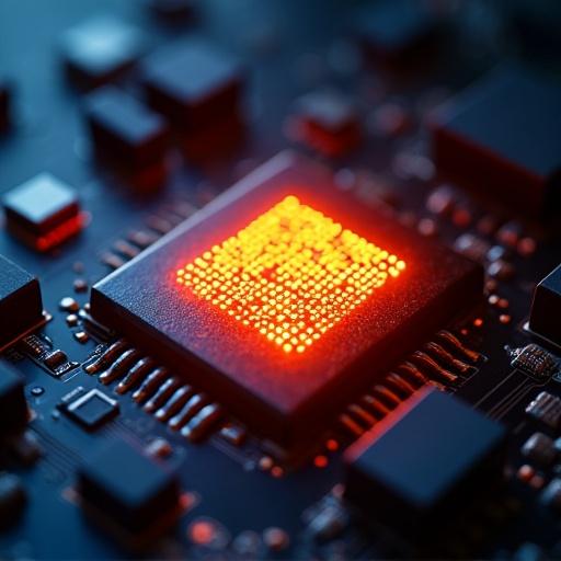 A central chip on a circuit board emits a warm glow among dark components. Close-up view highlights technology.