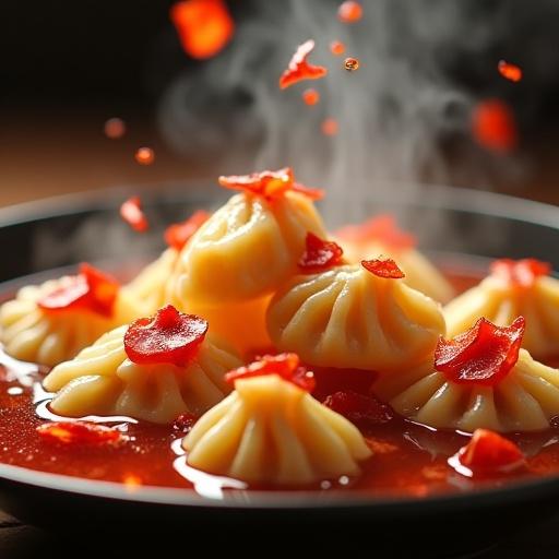 A close-up view of wontons in an aromatic pool of Sichuan chili oil infused with facing-heaven peppers. Floating red pepper shards accentuate the dish. Steam is visibly rising from the wontons, creating a hyperrealistic culinary scene.