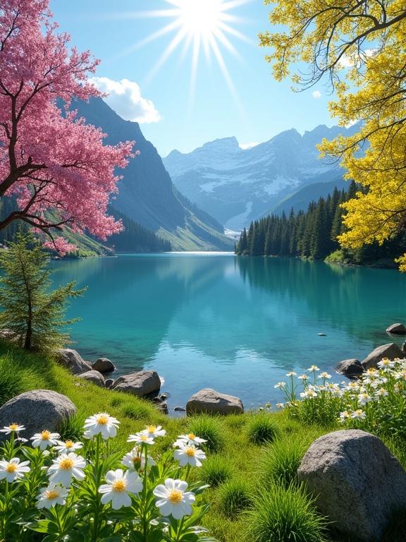 A colorful nature scene with a calm lake, bright flowers in the foreground, trees with pink and yellow leaves, mountains in the background, and a clear blue sky.