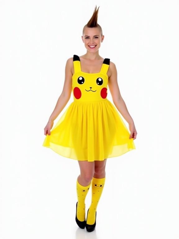 Photograph of a woman in a Pikachu-themed dress. She has a mohawk hairstyle. Dress features a round Pikachu face with red cheeks. The background is completely white. She holds the skirt, showcasing the playful design. She smiles confidently at the camera.