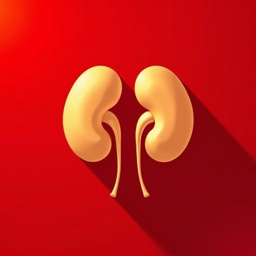 Vector graphic of human kidneys in golden tones on a red background. Simplified shapes with minimal detail. Creative use of negative space for form and symmetry. Bold, flat style combining medical symbolism with minimalism. Suitable for logos or healthcare branding.