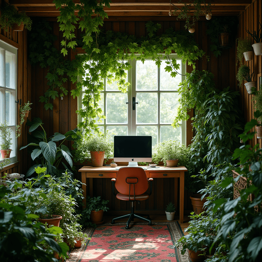 This image depicts a beautifully serene home office space, designed to blend seamlessly with nature. It features a wooden desk positioned centrally in front of a large window. The window itself is adorned with lush, trailing green plants, framing the view with natural beauty. 

An ergonomic chair with a warm red color provides a comfortable seating option in front of a modern computer on the desk. The room is filled with various potted plants of different sizes, creating a rich tapestry of greenery. The plants range from small shrubs to large leafy varieties, strategically placed on the floor, desk, and wall shelves.

The flooring is enhanced by a traditional red-patterned rug, adding a touch of warmth and color to the natural-toned environment. Sunlight filters through the leaves and the window, casting soft, dappled light onto the room's interior, creating a peaceful, inviting ambiance perfect for work or relaxation.