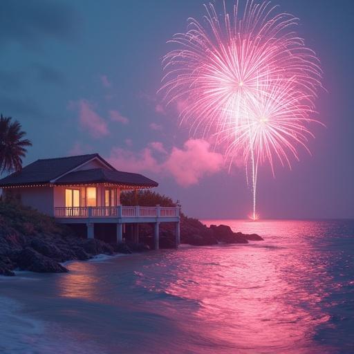 Beautiful colorful fireworks over the ocean. Cute white and pink rose beach house at night.