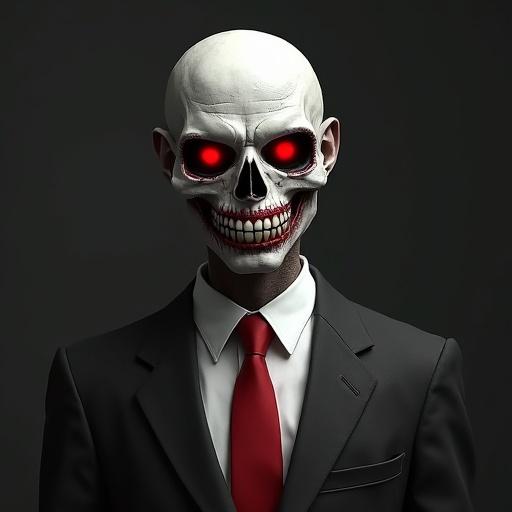 Dark face character with whole red eyes. Wearing a half black half white suit with a red tie. Character has a flat face without a nose and a scary smile with sharp white teeth.