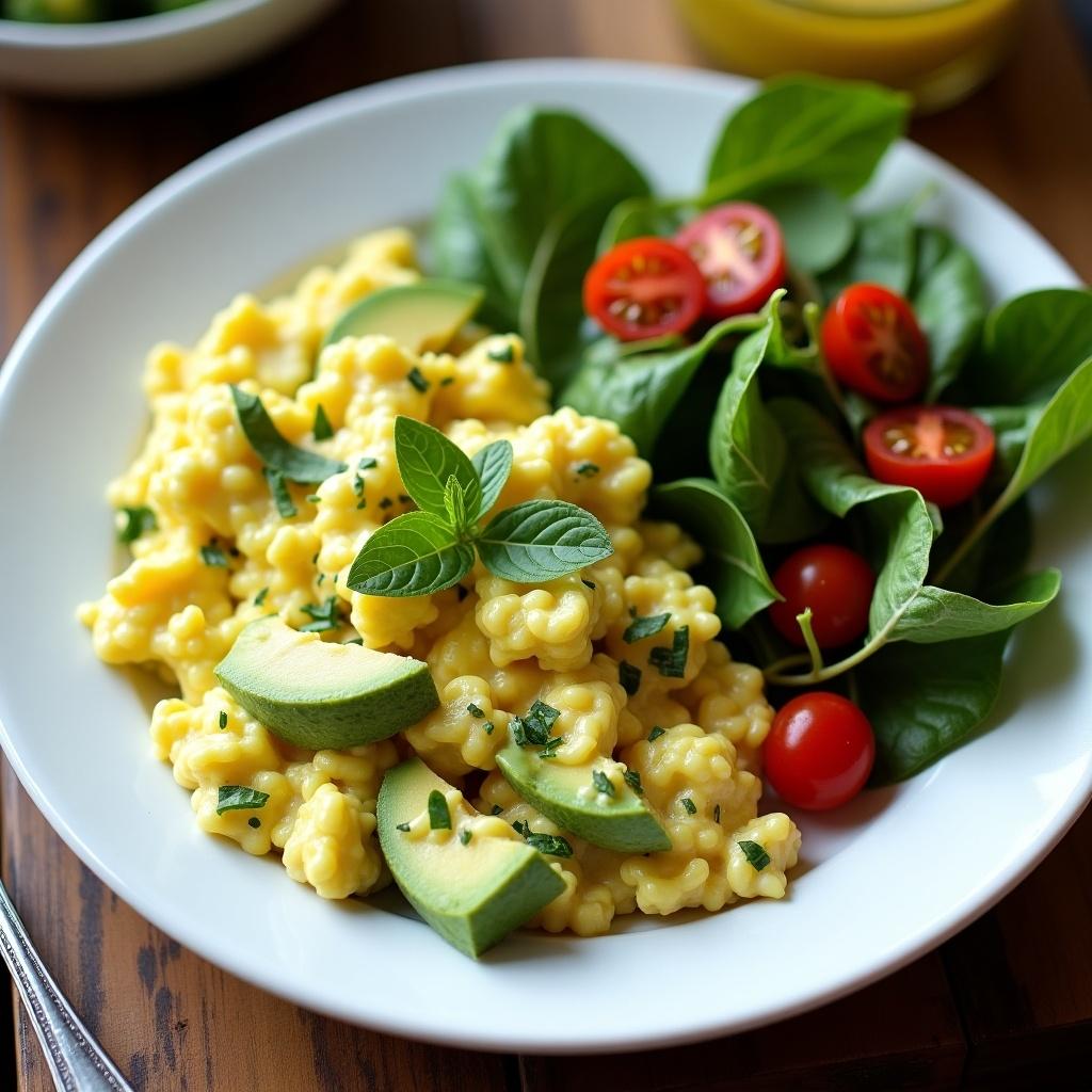 This image features a delectable plate of creamed avocado scrambled eggs served alongside a fresh salad. The dish is composed of fluffy scrambled eggs mixed with creamy avocado chunks, garnished with chopped herbs. Next to the eggs is a side of vibrant leafy greens, along with cherry tomatoes offering a pop of color. The presentation is bright and inviting, perfect for a healthy breakfast or brunch. The overall aesthetic emphasizes freshness and nutrition, appealing to health-conscious food lovers.