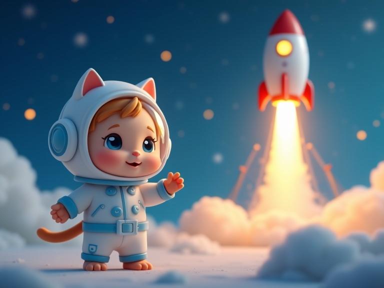 Cute baby cat dressed in white and light-blue astronaut suit waving. Cartoon spaceship launches nearby. Night sky with shining stars. 3D animation style with soft lighting. Adorable and colorful scene.