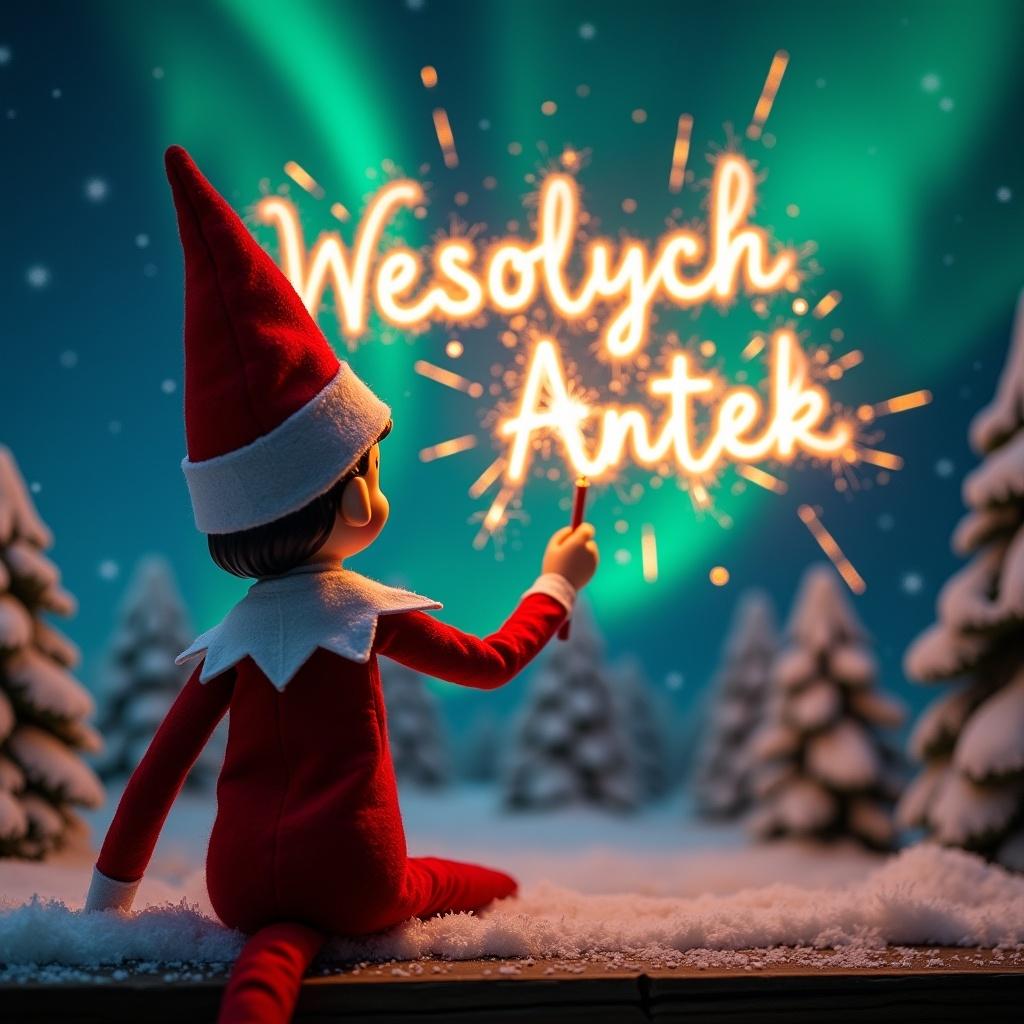 Enchanting Christmas scene features elf on the shelf facing the sky. Elf is dressed in red and white. Wielding a magic wand, writing 'Wesolych Swiat Antek' in sparkler script. Backdrop features vibrant northern lights. Scene is festive, capturing holiday spirit with whimsical twist.