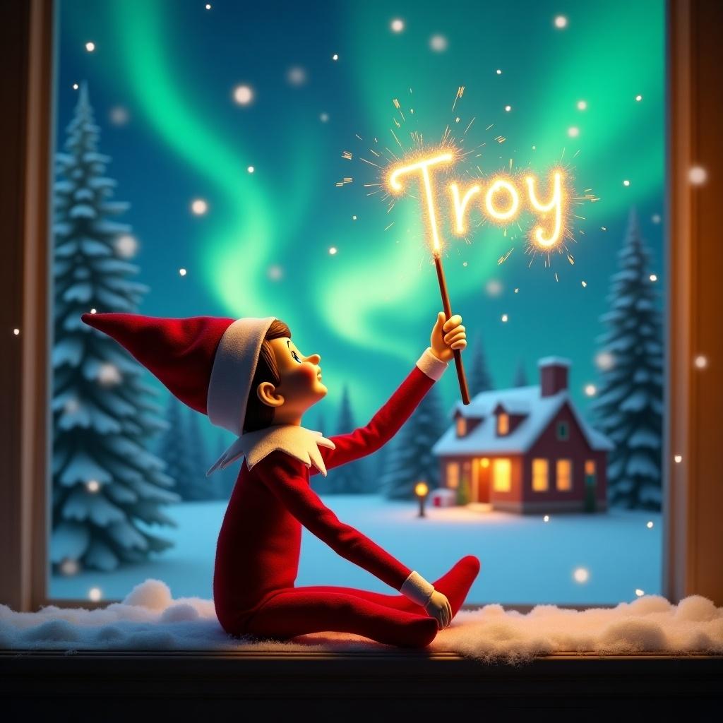 Elf on the shelf sitting with back to viewer. Gazing skyward while holding glowing wand. Colorful northern lights in background. Cozy house decorated for the holidays in distance. Snow covering the ground. Elf embodies spirit of magic. Name 'Troy' written in air with wand.