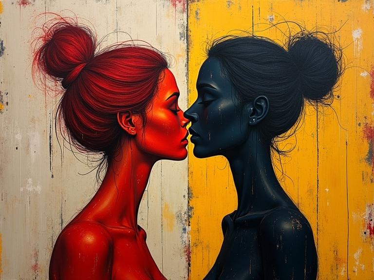 Depiction of two bodies engaging in an intimate moment. Abstract expressionism art style with vivid colors and emotional depth.