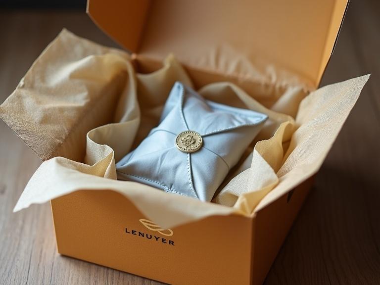 A luxury-branded box is opened, revealing a crumpled product inside. The packaging is sophisticated and well-designed, highlighting the contrast between the exterior and the cheapness of the product.
