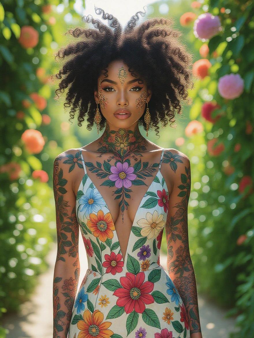 Stunning image of an afro-american woman with floral tattoos in a sunlit garden. Intricate floral patterns adorn her skin and gown. Surrounded by vibrant flowers. Expression is serene and contemplative. Couture gown inspired by global cultures. Hyperrealistic style reminiscent of Carne Griffiths and Artgerm.