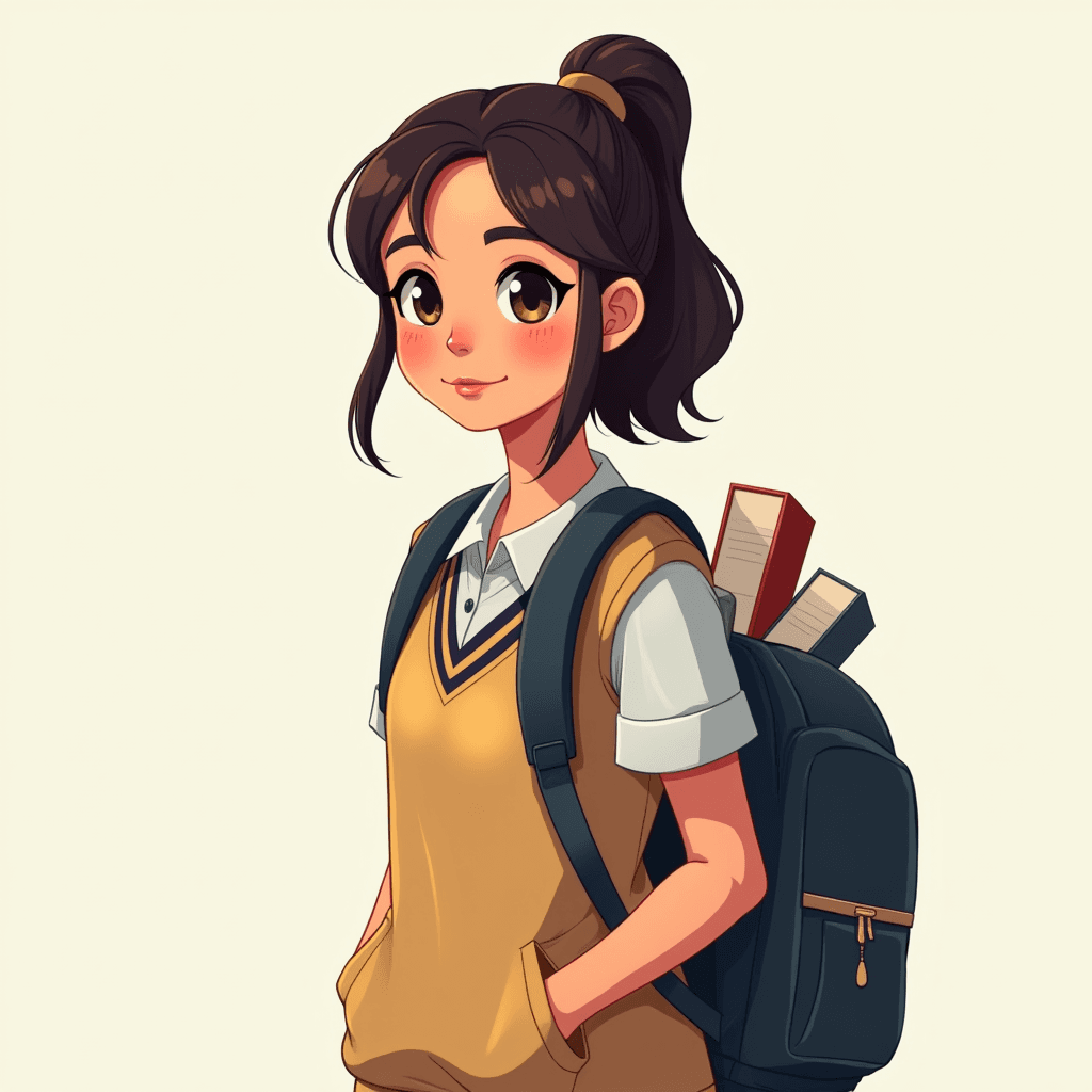 An anime-style illustration of a school girl with books in her backpack.