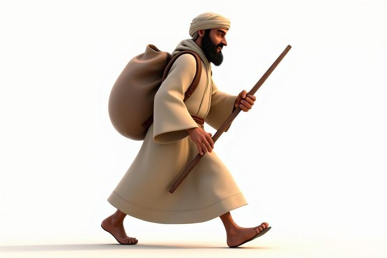 3D style Islamic man walks. He wears traditional robes. There is a light shawl draped over his shoulders. He carries a sack (boori) on his back. He holds a wooden walking stick in one hand. Clothing is modest and earthy toned. The turban is wrapped gently. There is dignity in his expression. The style is realistic and cinematic.