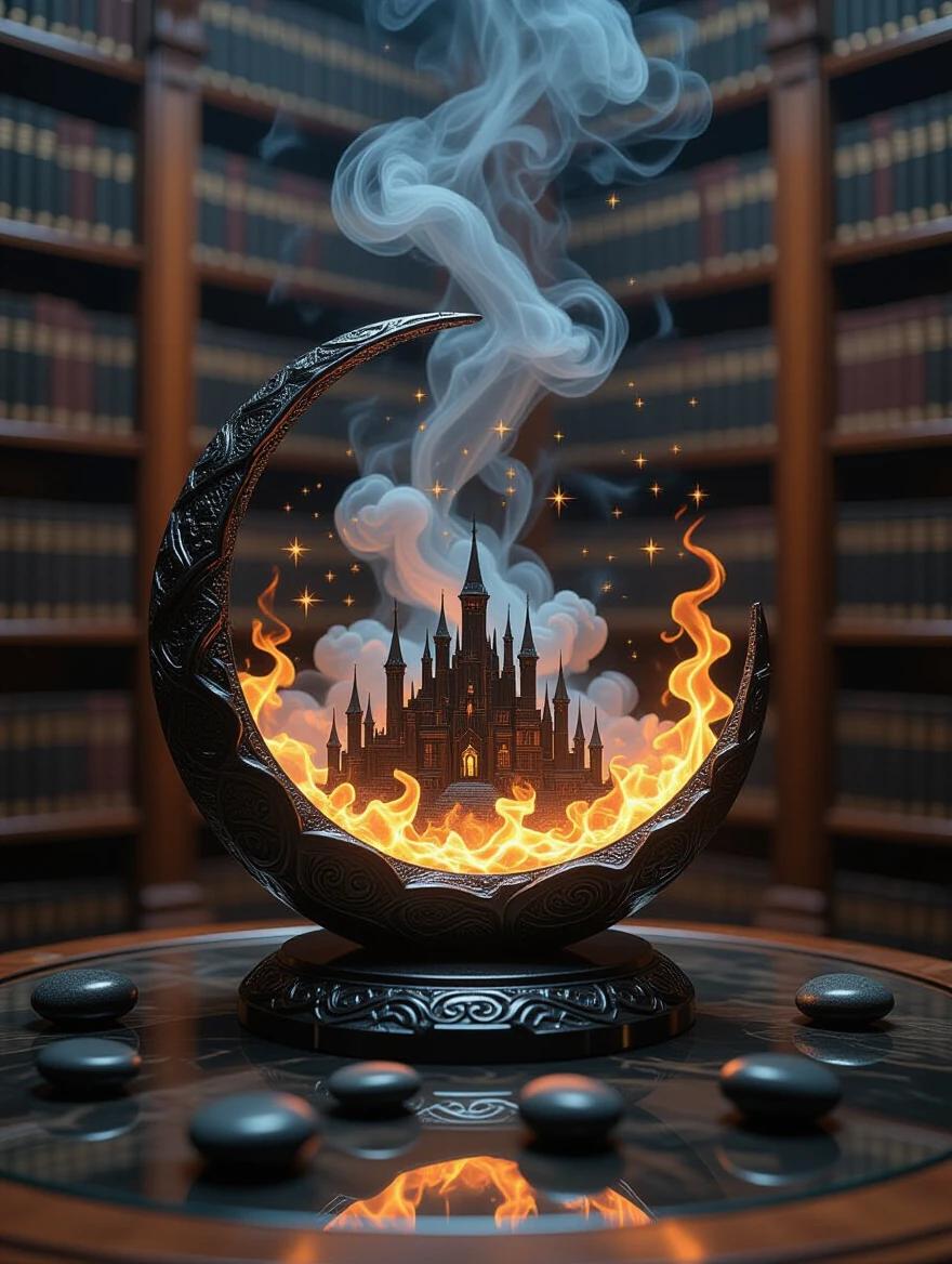 In a library, there is a glass table. A microcosm obsidian scrying mirror is present. Thick smoke and fire rise within it. Black stones are arranged around. Stars appear diagonally in the night sky. A crescent moon made of clouds and fire is visible. Inside the mirror, a mirage city is depicted. Potions fly around, embodying the theme of magical art.