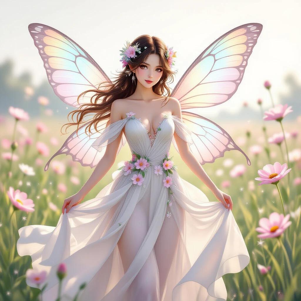 A pastel fairy with translucent butterfly wings. She wears a flowing silk gown decorated with flowers. The setting includes soft sparkles enhancing the magical feel. High-detail anime style reveals realistic lighting on a bright background.