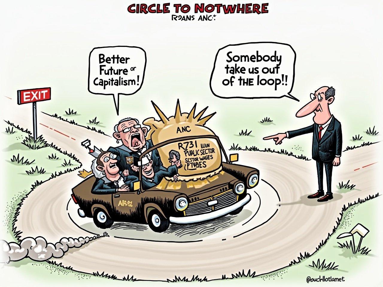 A political cartoon showing a chaotic roundabout labeled 'Circle to Nowhere' and 'Socialism.' A clunky, overloaded car labeled 'ANC' is driving in endless circles on the roundabout. The car is weighed down by a massive sack labeled 'R721 Billion Public Sector Wages.' Bureaucrats in suits, laughing or looking clueless, are inside the car. One of them holds a coffee cup, while another appears bewildered. Exhaust fumes labeled 'Corruption' trail from the car. On the side, a slender middle-aged man with exaggerated features, including a prominent nose and expressive eyes, stands assertively, pointing towards an exit labeled 'Better Future' or 'Capitalism.' A speech bubble from him reads, 'Somebody take us out of the loop!' The cartoon features bold lines, exaggerated caricatures, and bright contrasting colors to highlight dysfunction and missed opportunities.