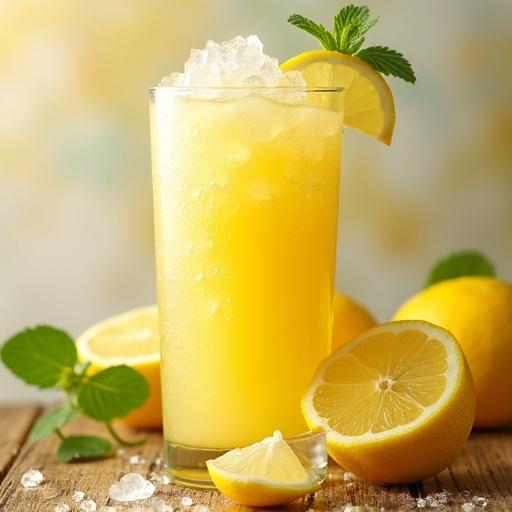 A tall glass filled with lemon slush topped with crushed ice and garnished with lemon slices and mint leaves. Fresh lemons are scattered around the glass on a wooden surface.