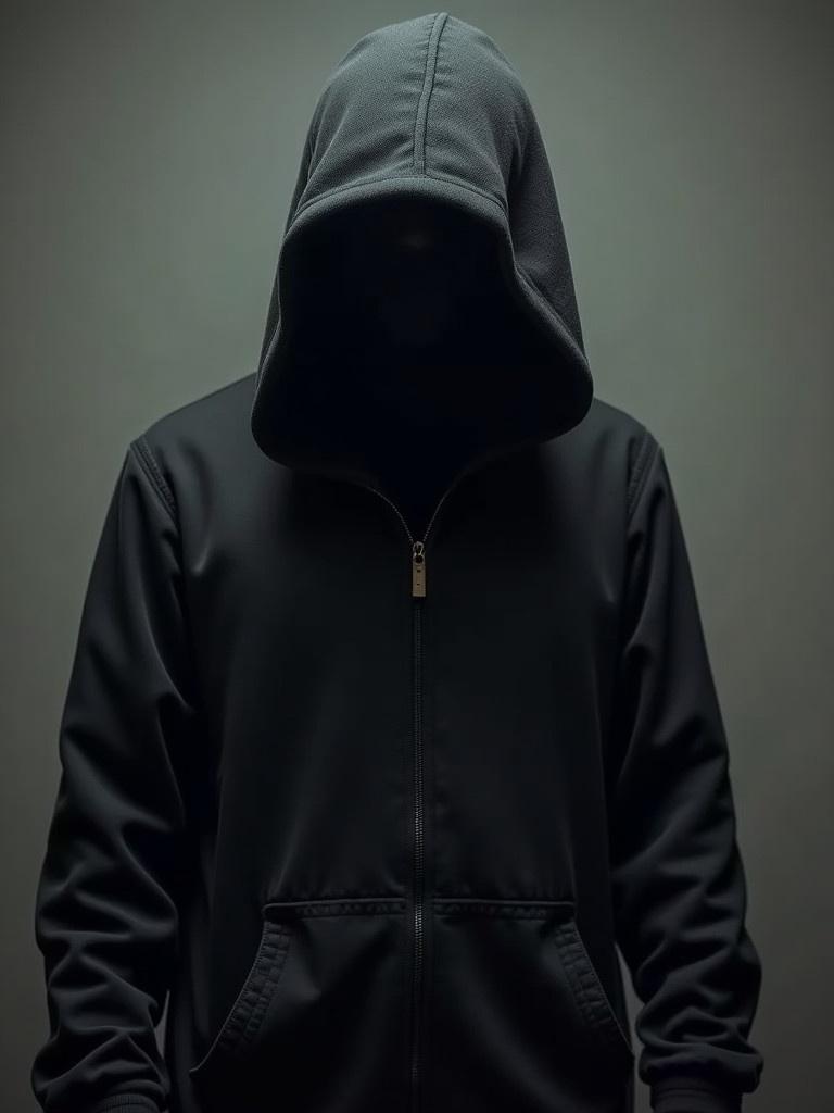 Human character in a black hoodie. Face is hidden under the hood. Clothing looks ragged. Posed to convey mystery and anonymity.