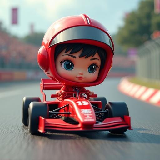 Bubble Mart's doll labubu in F1 traffic jam suit racing in go-kart on track