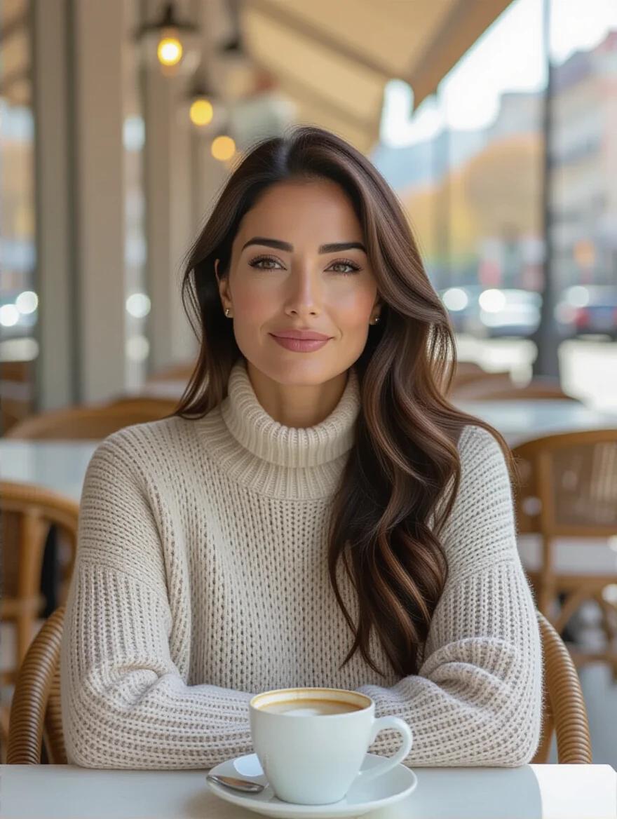 Photo of a 45-year-old Colombian woman seated at an outdoor café terrace. She has light skin and dark hair falling around her shoulders. Large hazel eyes, soft yet defined facial features. Wearing a loose sweater and leggings. Calm and neutral expression. Straight and relaxed posture. There is a cup of coffee in front of her. The scene includes plants and patio furniture, natural daylight illuminating the environment.