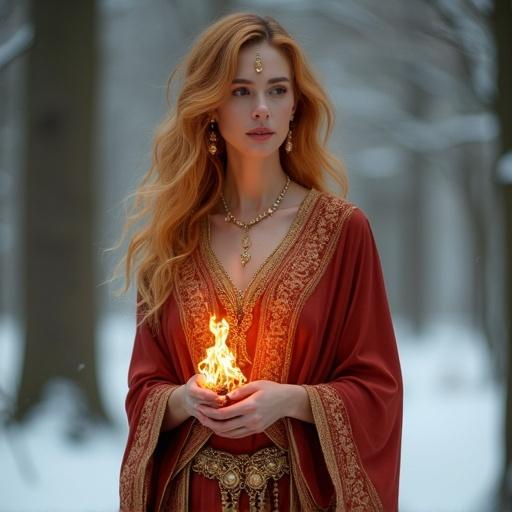A mature fire spirit goddess with glowing amber eyes. Elegant tall figure with a calm smile. Golden-amber flame wavy hair with a flame sigil on her forehead. Wearing a platinum and crimson robe that is short in front and long in the back. One shoulder is bare. Ornate golden jewelry with lantern motifs. Holding a small fire in her hand. Set in a mystical snowy forest with cinematic lighting.