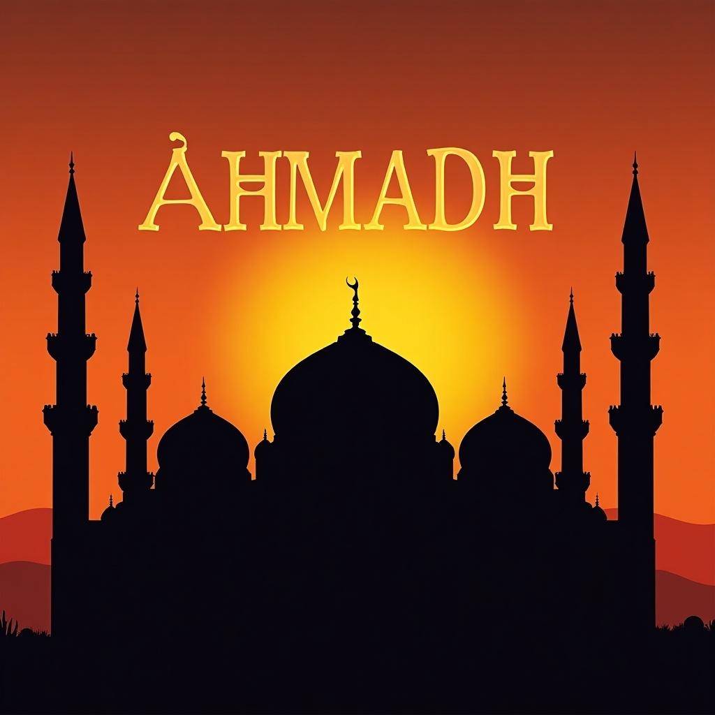 This image depicts a striking silhouette of a mosque at sunset, with the name 'AHMADH' prominently featured. The warm colors of the sunset create a beautiful gradient, enhancing the serene atmosphere. The mosque's architectural details are emphasized by the black silhouette, showcasing its minarets and dome. This artwork evokes feelings of peace and spirituality, appealing to a wide audience. It could be used for various purposes, including marketing for religious events and artistic projects.