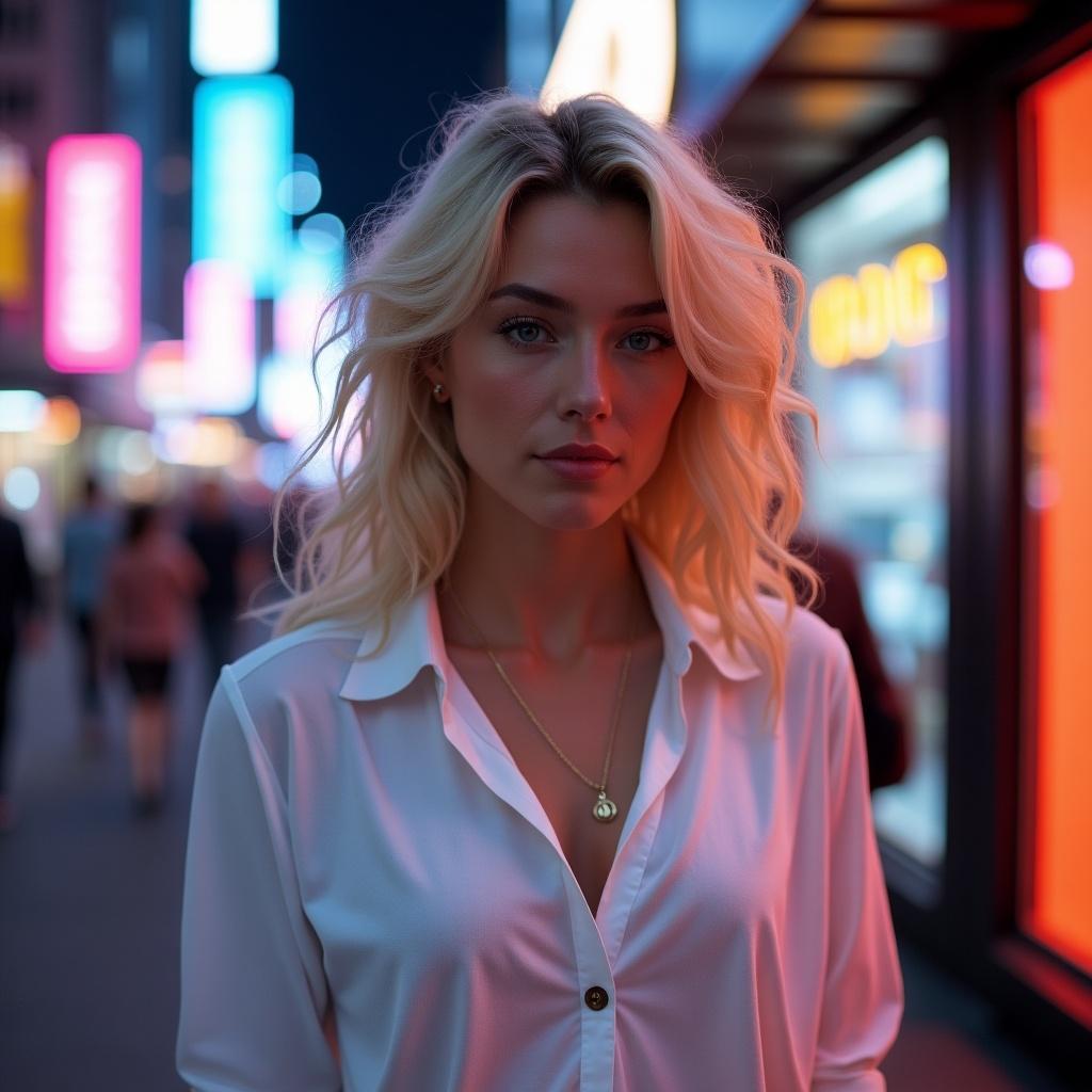 Character with wavy blonde hair in modern style wearing white button down in neon-lit city