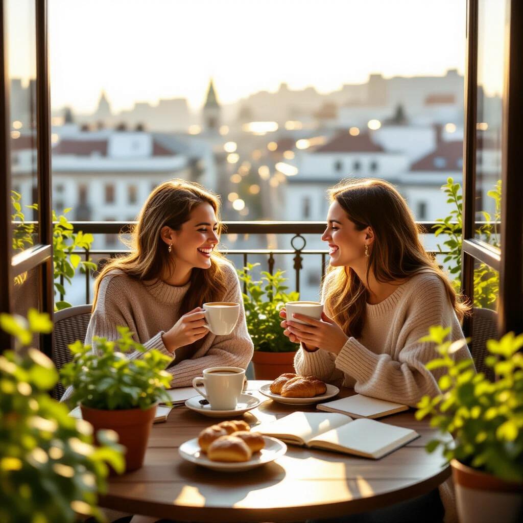 A sunlit balcony overlooks the city. Two friends sip coffee and laugh together. They're surrounded by potted herbs and pastries. A calm morning vibe creates a sense of intimacy.