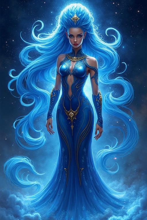 Cosmic outfit art style. Adena - Blue Hurricane features deep-blue rich-blue light-blue sky-blue and gold colors. Ethereal glow and swirling patterns. Futuristic design with celestial elements. Vibrant hues in dynamic composition. Otherworldly flair with a sleek and modern look. Starry backdrop and radiant highlights.